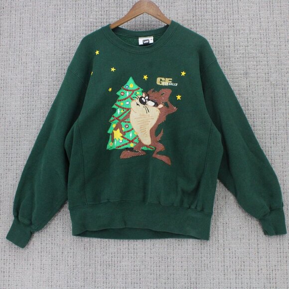 Vintage Lee x Taz Manian Devil Sweatshirt Mens XL Green Looney Tunes Christmas - Picture 1 of 9